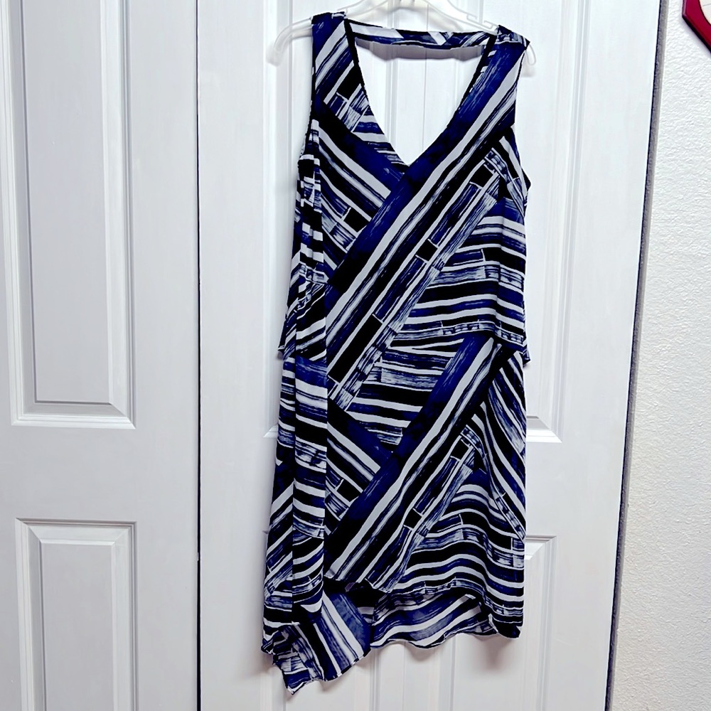 Dana Buchman Blue White V Neck / Back Panel Asymmetrical Sleeveless Dress Size 8